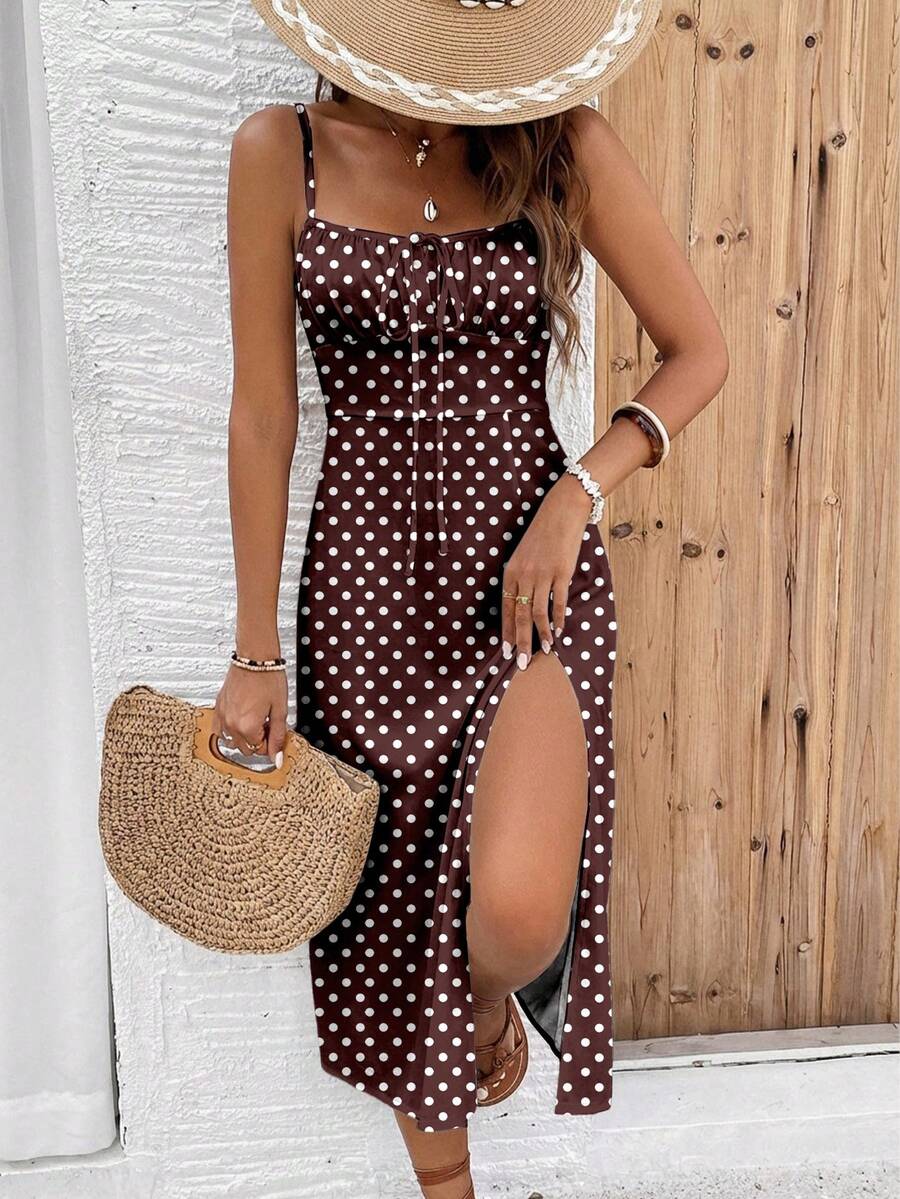 SHEIN Frenchy 女士棕白波点高开衩吊带中长连衣裙 - 优雅复古简约度假风，完美适用于春夏海滩度假、西部风情音乐节、波西米亚海岛婚礼、周年纪念日 - 彩色 - 查看 1