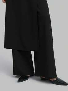 SHEIN X Scot Louie Ontre 2026春夏斯德哥尔摩风格，女教师套装，女装，2025高腰侧拉链解构两件套裤，黑色休闲裤，日常穿着，女教师商务休闲装 - 黑色 - 查看 6