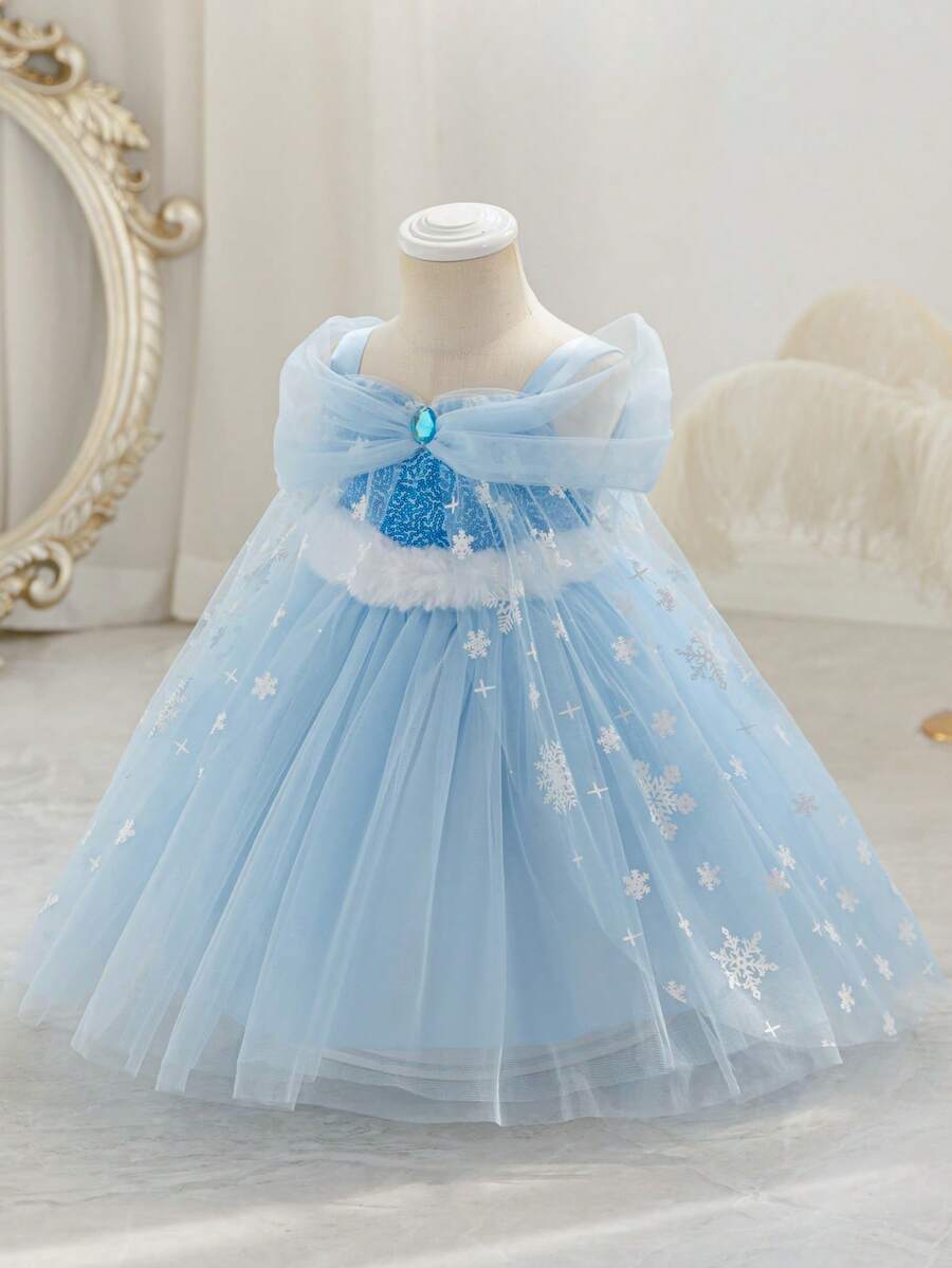 Glamorique Kids 女婴公主裙，蓝色网纱连衣裙，蓝色公主裙，雪花印花网纱蓬蓬裙，白色毛边，派对礼服，优雅正式礼服，秋冬新品，四季皆宜，中东、欧洲和美洲，带披肩