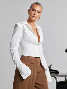 SHEIN Haute Áo sơ mi nữ dài tay kiểu dáng công sở sang trọng, cổ điển, gợi cảm, có gọng ở vai, dành cho nữ. - trắng - Xem 3