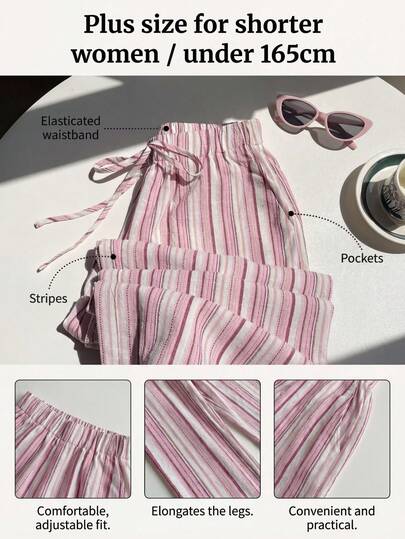 SHEIN PETITE CURVE Plus Size Women Holiday Casual Wide Leg Pink Striped Pants,Suitable For Daily Dressing, Vacation, Outdoor Activities, School, Graduation, Gatherings, Commuting, Office, Picnic, Beach, Summer , Summer Outfit For Women , Festival Outfits For Women , Beach Outfit For Women , Holiday Outfits For Women, Vacation Outfits For Women , Office Wear For Women , Pink Pants For Women