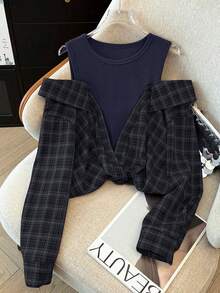 SHEIN Franclia 女士优雅复古百搭格子露肩长袖衬衫 - 藏蓝色 - 查看 3