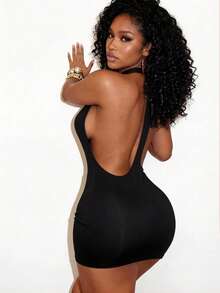 Mistrie 2026夏季新款街头时尚休闲性感紧身短裙，露背镂空设计，舒适超弹面料，适合街头、约会、派对、音乐节等场合穿着。 - 黑色 - 查看 1