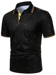 Calvornis 男士锚图案短袖休闲通勤 Polo 衫 - 黑色 - 查看 3