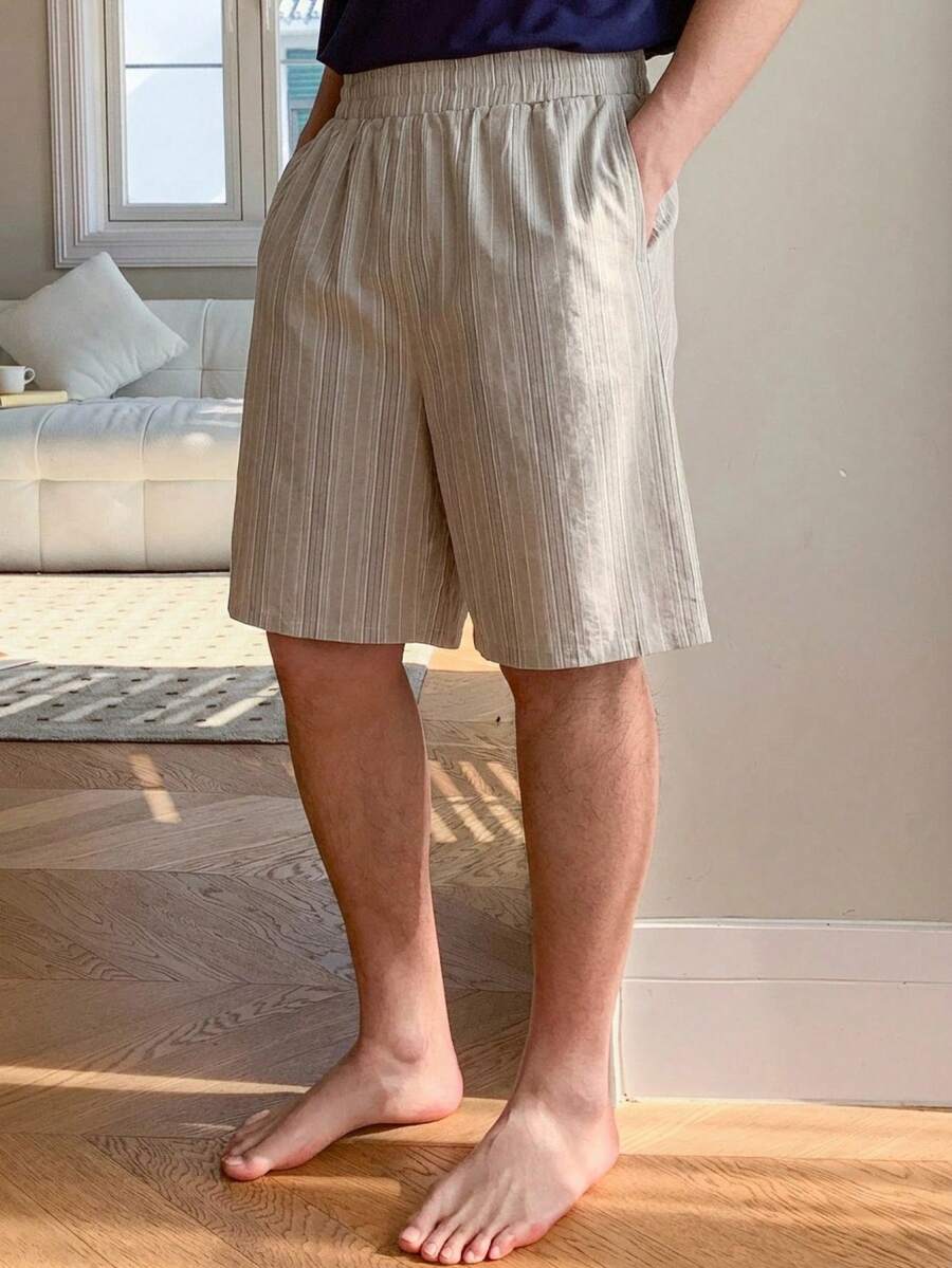 DAZY 男士夏季条纹印花松紧腰侧袋宽松休闲短裤 - 卡其色 - 查看 1