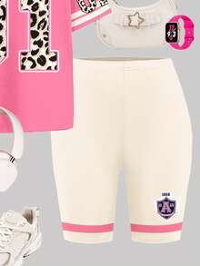 2pcs Cream White & Pink, Fashionable English Number Leopard Print 01 Striped Jersey, Tween Girls Casual Minimalist Comfortable Round Neck Short Sleeve T-Shirt And Shorts Set, Suitable For Spring/Summer Daily Wear, Sports, Outdoor, World Cup, Homecoming - White - View 6