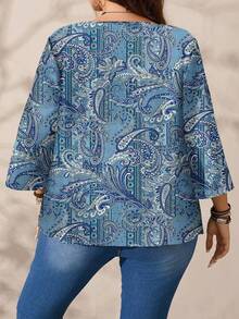 Mellowie Blusa holgada de cuello redondo de manga 3/4 con estampado integral para mujer de talla grande para otoño e invierno - Azul - Ver 4