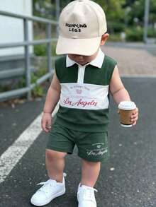 SHEIN Leap Crew Baby Jungen & Baby Mädchen legeres College-Stil bequemes, modisches und vielseitiges, locker sitzendes, weiches Baumwolle Polo T-Shirt ohne Ärmel und Short Set, mehrfarbige Patchwork-Optik mit kontrastierendem Buchstaben Muster, geeignet für Frühling/Sommer - Verschiedenfarbig - Übersicht 1