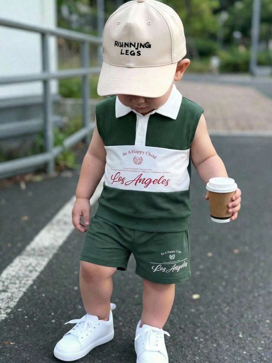 SHEIN Leap Crew Baby Jungen & Baby Mädchen legeres College-Stil bequemes, modisches und vielseitiges, locker sitzendes, weiches Baumwolle Polo T-Shirt ohne Ärmel und Short Set, mehrfarbige Patchwork-Optik mit kontrastierendem Buchstaben Muster, geeignet für Frühling/Sommer - Verschiedenfarbig - Übersicht 1