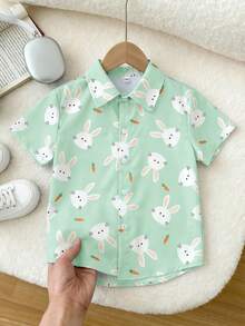 SHEIN 1 buah Kemeja Lengan Pendek Lembut Motif Kelinci Vintage untuk Anak Laki-laki, Gaya Sekolah Nyaman & Praktis untuk Musim Panas, Seragam Keluarga, Pakaian Sehari-hari, Paskah - Mint Green - View 6
