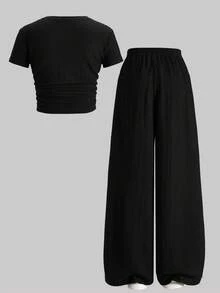 SHEIN 少女纯棕色纹理针织侧褶短袖修身T恤和阔腿裤休闲两件套 - 黑色 - 查看 3
