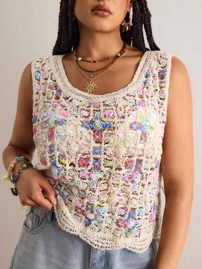 Freevana Handmade Crochet Colorful Openwork Sleeveless Top – Vintage Multicolor Pattern Knit With Round Neck And Wide Shoulder Cut, Breathable Cotton Yarn, Wavy Hem Cropped Vest, Bohemian Women's Summer Casual Top