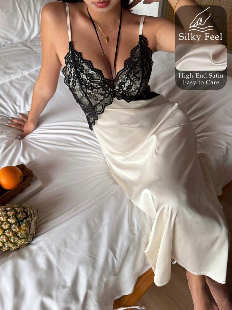 Lace Patchwork Sleeveless Maxi Slip Dress, Women Summer Nightgown