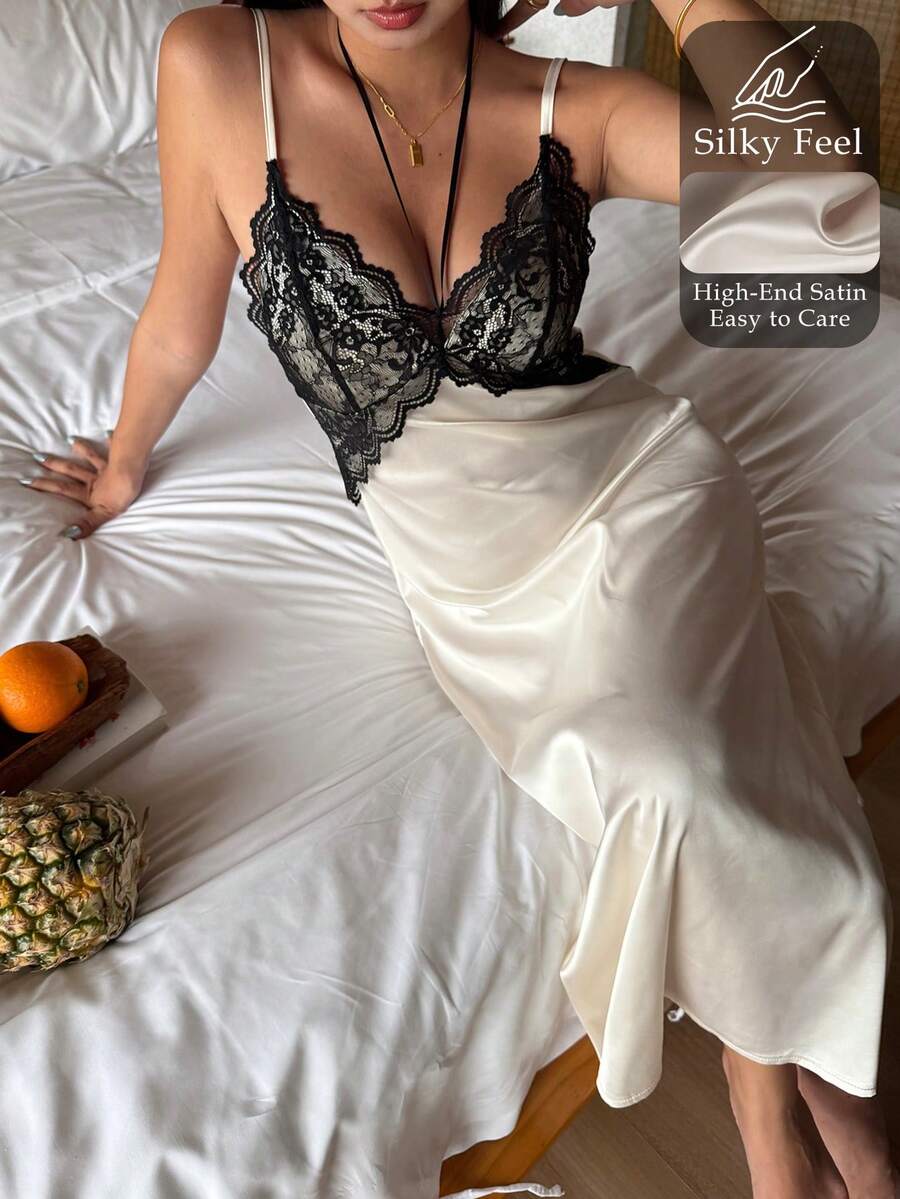 DAZY Lace Patchwork Sleeveless Maxi Slip Dress, Women Summer Nightgown - White - View 1