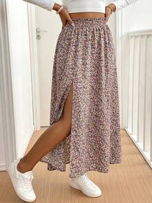 SHEIN Tall CURVE CURVE New Plus Size Women's Tall Girls Dusty Pink Summer Boho Everyday Holiday Ditsy Floral Side Slit Skirt,High-Waisted Vacation Skirts Vacation - Multicolor - View 8