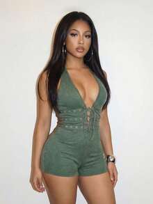 Slaydiva 新款夏季休闲街头音乐节修身罗纹仿雪花V领镂空织带拼接女式连体裤，适合日常穿着、返校季、波西米亚风、西部风、游牧风、海滩风、运动健身、音乐节、演唱会、机场穿搭、早午餐穿搭、旅行度假、居家休闲等场合。 - 綠色 - 查看 5