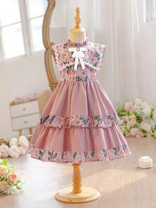 SHEIN Young Girl Ditsy Floral Contrast Color Bow Sleeveless Casual Dress, Young Girls - Pink - View 6