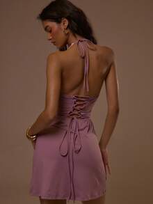 MUSERA Đầm ngắn ôm sát, dáng suông, cổ yếm chữ V khoét sâu, đính sequin, thích hợp cho mùa hè, xuân, đi nghỉ mát, du lịch, dự tiệc, phong cách thanh lịch, hoàng hôn, có dây buộc. - Màu tím hoa cà - Xem 4