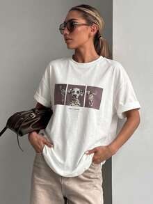 DAZY Women's Round Neck Printed Short Sleeve Casual T-Shirt Graphic Tees Women - White - View 2