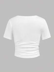 两件套女童黑白撞色蝴蝶结针织T恤和荷叶边半裙休闲套装，时尚日常穿着，适合外出、露营、拍照等场合 - 黑與白 - 查看 5