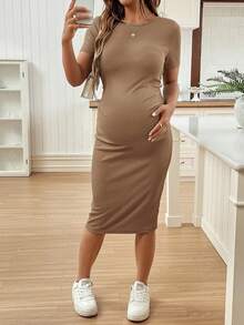 SHEIN Đầm bầu tay ngắn cổ tròn màu trơn ôm sát - màu nâu - Xem 5