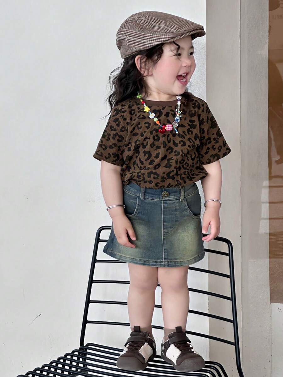 Dazy Kids Toddler Girls' Street Casual Leopard Print Round Neck Short Sleeve Top - Coffee Brown - View 1