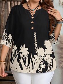 EMERY ROSE Plus Size Casual Minimalist Floral Print Shirt, Suitable For Summer - Black - View 5