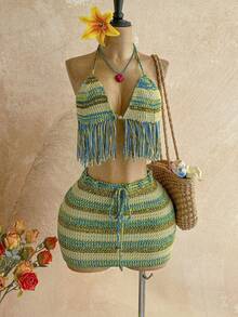 Soleia 女士度假风流苏下摆露背针织上衣和针织迷你裙两件套 - 彩色 - 查看 1
