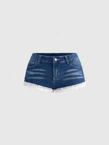 ROMWE Shorts vaqueros de mujer de talle bajo y súper cortos con parches de encaje, para primavera/verano y vacaciones informales - Lavado ligero - Ver 5