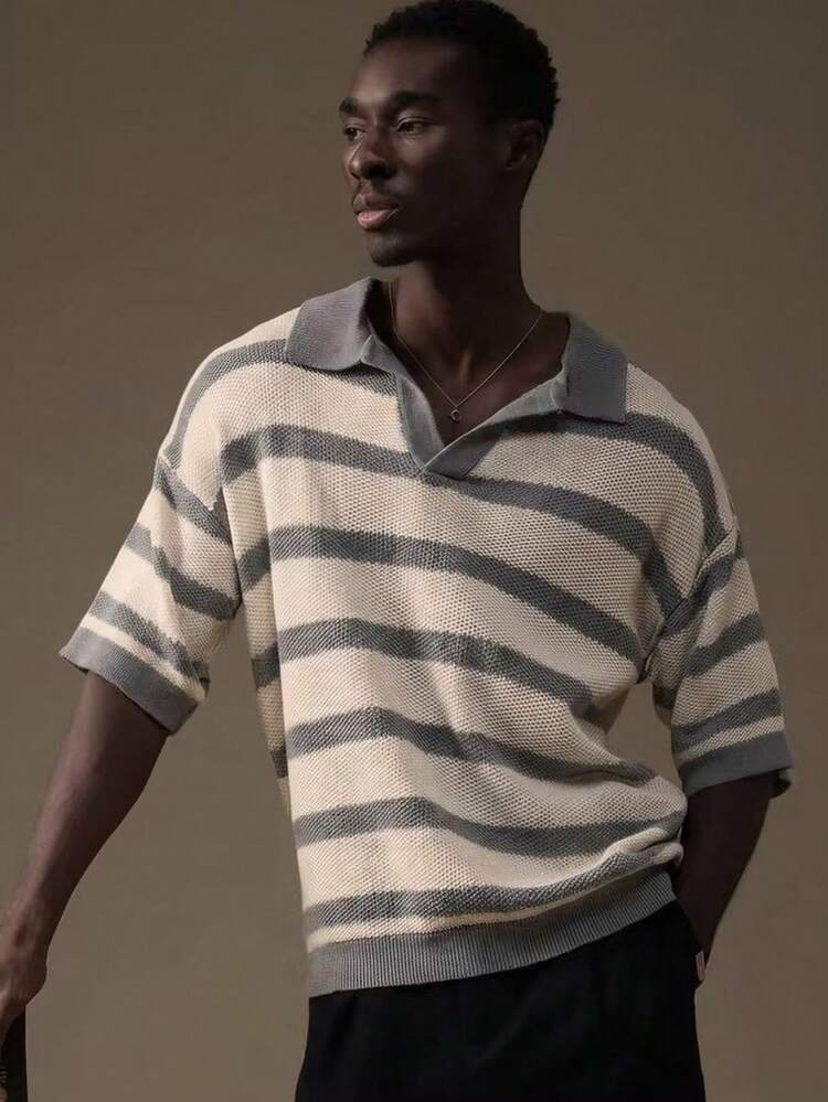 Men's Striped Polo Style Knit Top With Collared Neckline And Short Sleeves For Casual Everyday Wear, Polo Blouse For Men, Oversized Polo, Vintage Outfit For Men