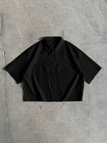 AXEPEAK Men's Solid Color Short Sleeve Single-Breasted Casual Shirt Cropped Button Up Men Boxy Shirts Cropped Shirts - Dark Grey - View 2