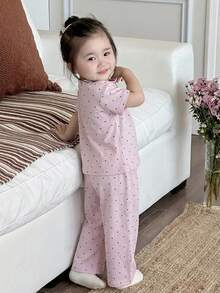 Dazy Kids 2件組女嬰休閒圓領T恤與格紋長褲居家服套裝 幼兒夏季 - 淺粉色 - 查看 2