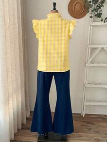 Rusticease Plus Size Women Plaid Button Design Cap Sleeve Blouse - Mustard Yellow - View 2