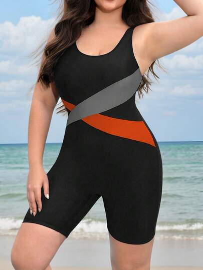 Swim SPRTY Costum de baie sport, mărime plus, dintr-o singură piesă, fără mâneci, cu imprimeu încrucișat, croială strâmtă, pentru femei