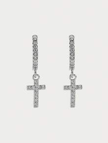 Glisma Cubic Zirconia Cross Drop Earrings - Silver - View 1