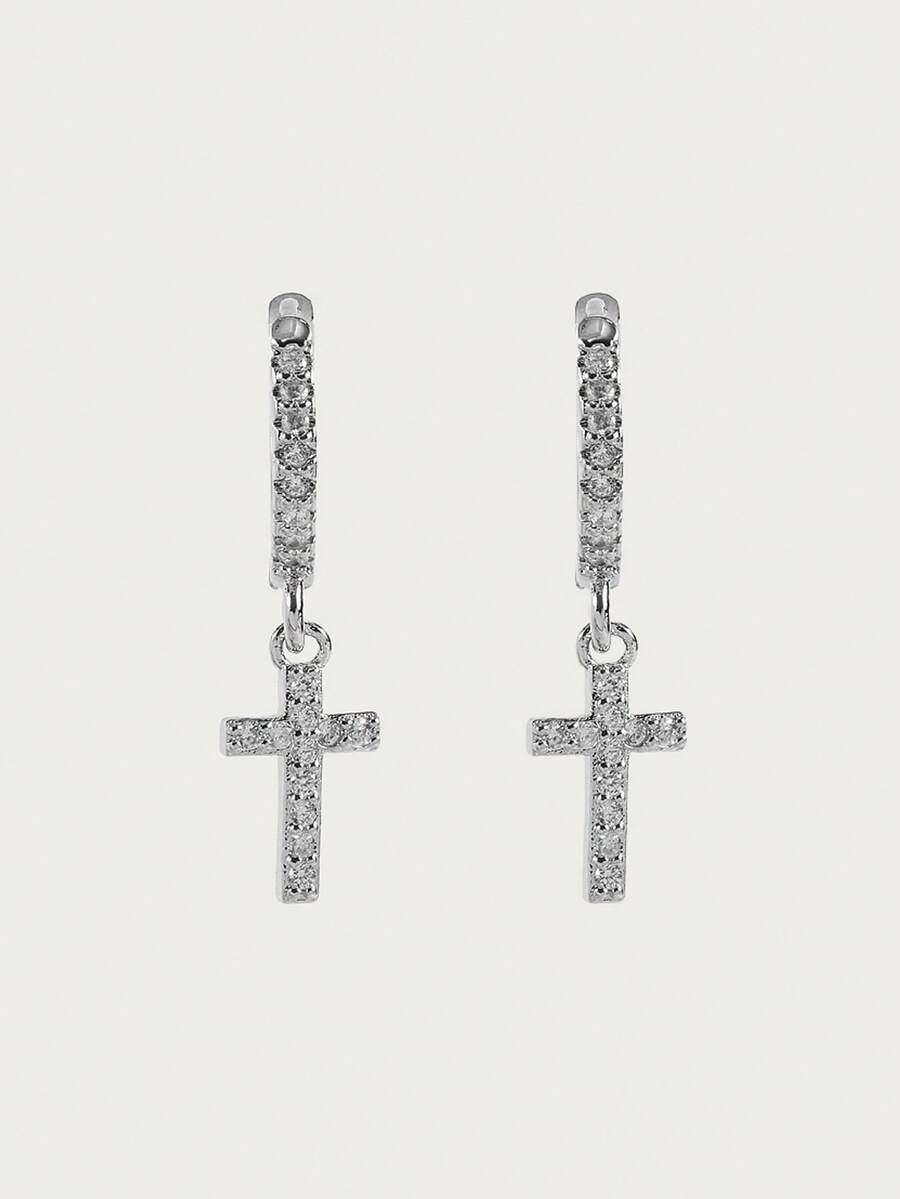 Glisma Cubic Zirconia Cross Drop Earrings - Silver - View 1