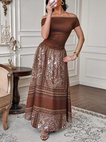 Modelyn Women's Elegant Boho One-Shoulder Floral Print Patchwork Dress Dresses For Holiday Brown Dress Holiday Outfits For Women Dresses For Holiday Summer, Dresses For Women Zanea Dress For Woman Dresses For Women Elegant Party Yisikado Dress Elegant Dress Zig Zag Dress - Brown - View 2