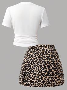 SHEIN 两件套女童甜美可爱棕色蝴蝶结装饰T恤和豹纹半裙休闲套装，适合夏季穿着 - 彩色 - 查看 2