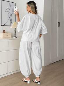 SHEIN LUNE 女款純色圓領寬袖上衣與寬腿褲兩件套，全白夏季休閒居家服舒適護理師套裝 - 白色 - 查看 3