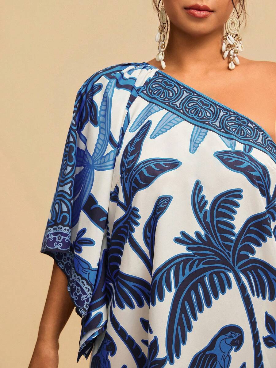 Travachic Damen Große Größen Palmenbaum Muster Lässiges Kleid mit einem Schulter und Glockenärmeln - Verschiedenfarbig - Übersicht 1