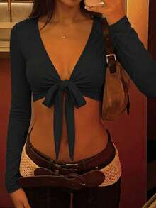 INAWLY 女士纯色扭结休闲百搭日常长袖T恤 - 黑色 - 查看 3