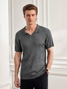 Officeau Polo de manga corta de punto acanalado de ajuste holgado y unicolor para hombre - Gris Oscuro - Ver 5