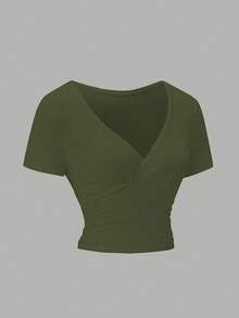 EMERY ROSE Camiseta corta de verano para mujer de unicolor, con escote en V cruzado, manga corta y ajustada, para uso casual y de vacaciones - Verde militar - Ver 4