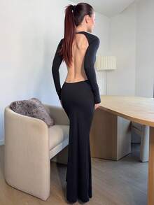 Abrilcols Robe longue moulante élégante dos nu manches longues marron foncé, robe élégante, robe longue en tricot pour l'automne/l'hiver - Noir - Voir 3