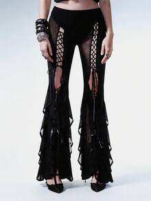 ROMWE 甜辣音乐节穿搭，荷叶边系带设计透视开衩修身喇叭裤 - 黑色 - 查看 10