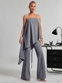 SHEIN Haute Bộ đồ nữ 2 mảnh gợi cảm, thoải mái, thích hợp cho công sở, gồm áo quây dáng rộng và quần dài ống loe. - Xám - Xem 1