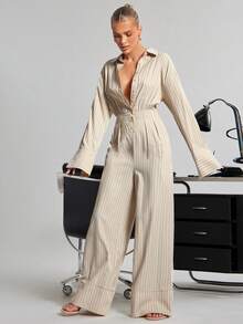 Hauture Bộ jumpsuit nữ dài tay cổ bẻ kẻ sọc gợi cảm, phong cách công sở thường ngày. - Màu Khaki - Xem 5