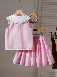 Genkimix Kids Conjunto de 2 piezas de blusa sin mangas a rayas y falda de línea A elegante para niñas preadolescentes, adecuado para uso diario, casual y de viaje, verano - Rosa - Ver 2