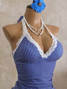 Swim Vcay 新款夏季欧美海滩度假波点蕾丝边吊带背心式泳衣套装 - 藍色 - 查看 4