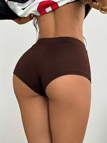 Coolane 女士夏季Y2K极简度假装扮外出低腰弹力松紧腰带舒适黑色运动短裤 - 棕色 - 查看 3